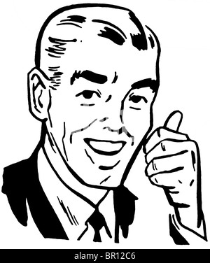 A black and white version of a vintage print of a man giving the thumbs up Stock Photo