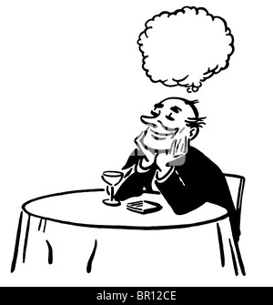 A black and white version of an illustration of a man daydreaming at a cocktail lounge table Stock Photo