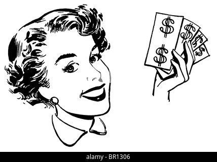 A black and white version of a graphical portrait of a woman with wads of cash Stock Photo