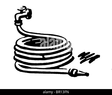 A black and white version of a well wrapped garden hose Stock Photo