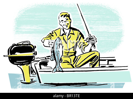 Man Fishing Rod Ink Black White Drawing — Stock Photo © alexblacksea  #379880960