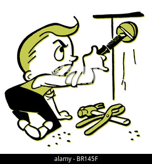 A cartoon style drawing of a young boy doing construction Stock Photo