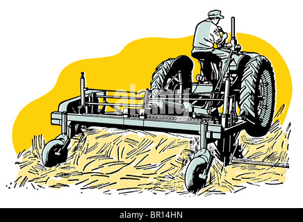 A vintage illustration of a man tending to fields with a tractor Stock Photo