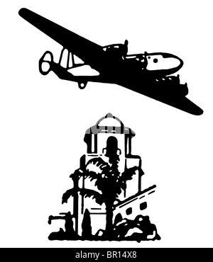 A black and white version of a vintage illustration of an airplane flying over buildings Stock Photo