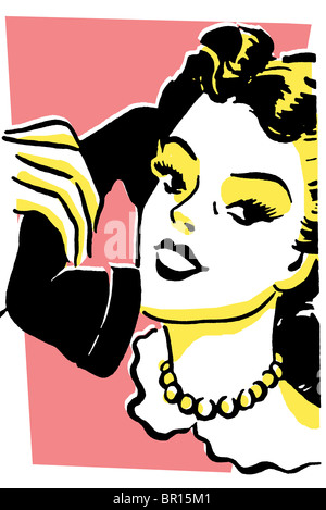 A vintage style portrait of a woman talking on a telephone Stock Photo