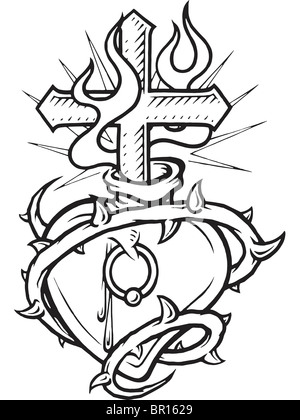 A black and white version of a stencil of a pierced heart surrounded with thorns and a flaming cross in it Stock Photo