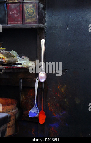 still life of a market stall selling traditional colour dyes in the infamous Souk Al Hamidiya, Damascus Stock Photo