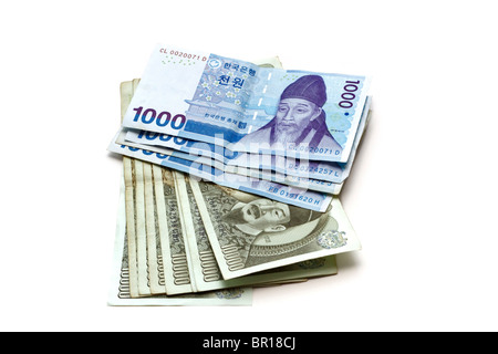 South Korean Won one thousand and one hundred thousand bills Stock Photo