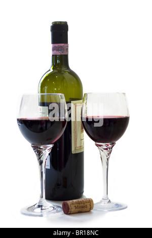 Open bottle with cork and two glasses of red wine Stock Photo