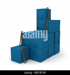 Blue blocks randomly stacked with ladders to the top. Isolated on white Stock Photo