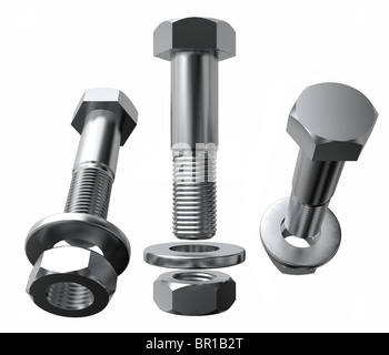 A set of bolts with washers and nuts in an exploded views from different angles. Isolated on white Stock Photo