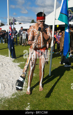 Noongar man and his didgeridoo in Perth, Australia Stock Photo