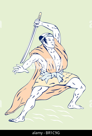 illustration of a Japanese samurai warrior in fighting stance with samurai katana sword Stock Photo