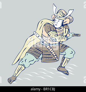 illustration of a Japanese samurai warrior in fighting stance with samurai katana sword Stock Photo