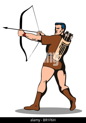 illustration of robin hood or a male archer aiming bow and arrow side view Stock Photo