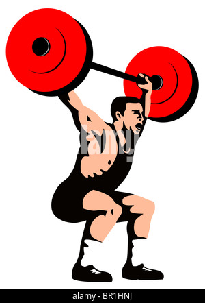 illustration of male weightlifter lifting heavy weights viewed from the side done in retro style isolated on white Stock Photo