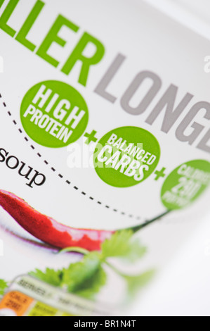 High protein, Balanced carbs, food label packaging Stock Photo