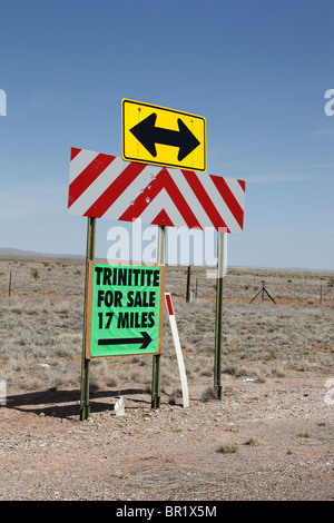 Sign in rural NM near Trinity Site indicating "Trinitite for Sale" - a glassy material formed from the 1st atom bomb was tested. Stock Photo