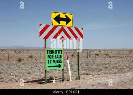 Sign in rural NM near Trinity Site indicating "Trinitite for Sale" - a glassy material formed from the 1st atom bomb was tested. Stock Photo