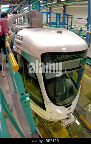 S.N.C.F. MAINTENANCE FACTORY, TRAMWAY,  ALSTOM INC., TYPE 'CITADIS', ('MODEL 302'), Paris, France, public transport environment france Stock Photo