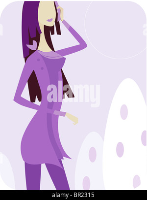 A woman in purple attire talking on her cell phone