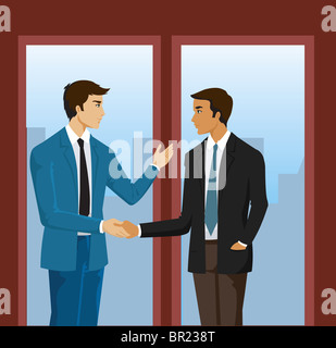 Two businessmen shaking hands in front of glass doors and the city behind Stock Photo