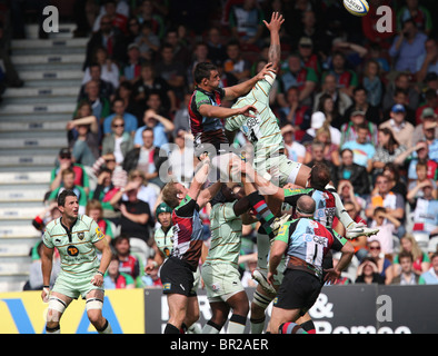 Line out during Aviva Premiership Rugby match Harlequins v Northampton Saints at Twickenham Stoop in London, UK. Stock Photo