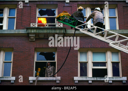 Firefighters / Firemen on Ladder fighting Fire with Hose through Broken Window in Apartment Building Stock Photo