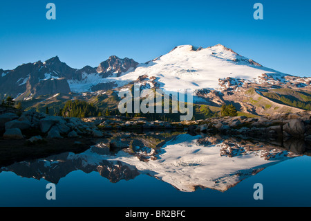 Mount Baker and reflection in tarn; Park Butte Trail, Mount Baker-Snoqualmie National Forest, Washington. Stock Photo