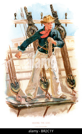 An 18th century sailor of the Royal Navy Heaving the Lead. Stock Photo