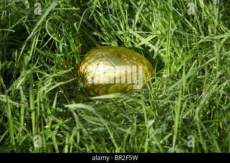 gold foil wrapped easter egg hidden in wet dew covered grass part of an easter egg hunt Stock Photo