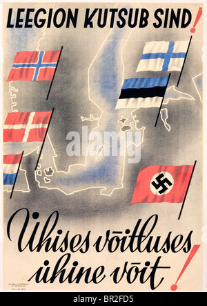 Second World War (World War II) Nazi propaganda poster showing a map of north-west Europe and the flags of occupied countries. Stock Photo