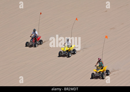 Three sporing boys driving ATV all terrain vehicle down sandy dunes  MI in USA US lifestyle daily life background yellow main color version hi-res Stock Photo