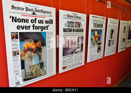 Newspaper front covers in an exhibition commemorating 9/11 2001 Stock Photo