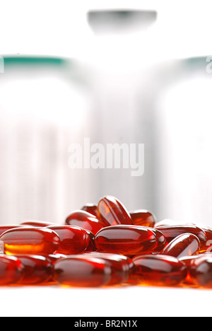 Composition with capsules of dietary supplements and containers Stock Photo
