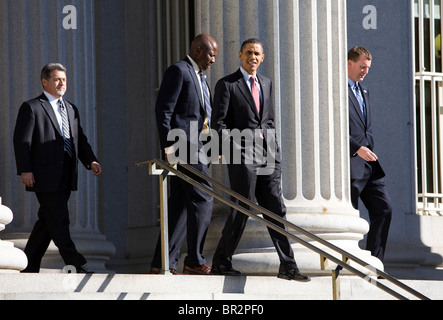 President Barack Obama departs the Treasury building. Stock Photo