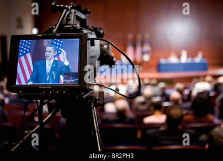 President Barack Obama speaks to members of congress on the eve of the healthcare overhaul vote. Stock Photo