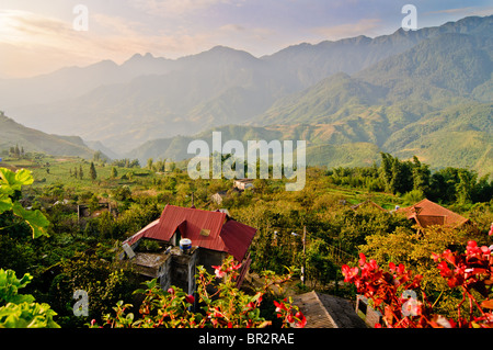 A beautiful view over the Sapa valley from a balcony in Sapa, Vietnam Stock Photo