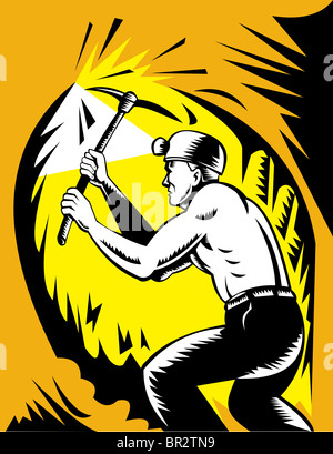 illustration of a Coal miner at work with pick ax  pounding away viewed from side inside mine shaft done in woodcut style Stock Photo