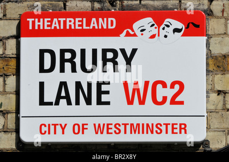 City of Westminster Drury Lane WC2 and theatreland street sign in West End of London England UK
