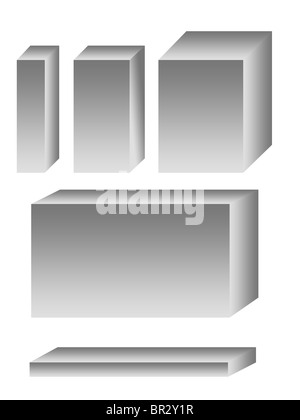 Grey boxes, various sizes on white background Stock Photo