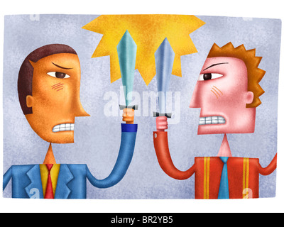 Two businessmen clashing and fighting with swords Stock Photo