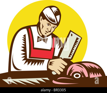 illustration of a butcher chopping meat done in woodcut style. Stock Photo