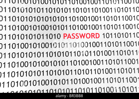 Computer screen with binary code and password text, great concept for hacker, technology and online security. Stock Photo