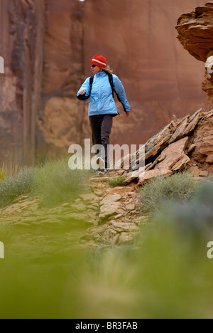 A woman hiking in Kane Creek, Utah. Stock Photo