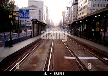 Streetcar tram tracks in downtown Hiroshima, Japan. Stock Photo
