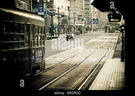 Streetcar tram tracks in downtown Hiroshima, Japan (toned image). Stock Photo