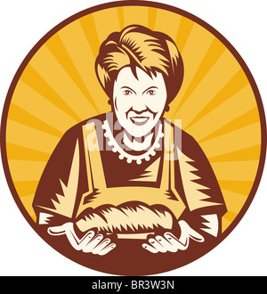 old woman presenting a freshly baked loaf of bread set inside a circle done in retro style illustration Stock Photo