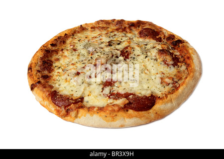 A whole Pepperoni Pizza on a white background Stock Photo