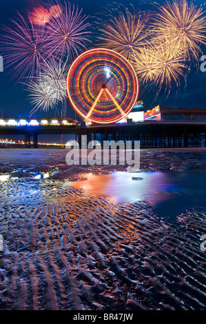 central pier, blackpool, lancashire, england, uk, europe,firework display Stock Photo